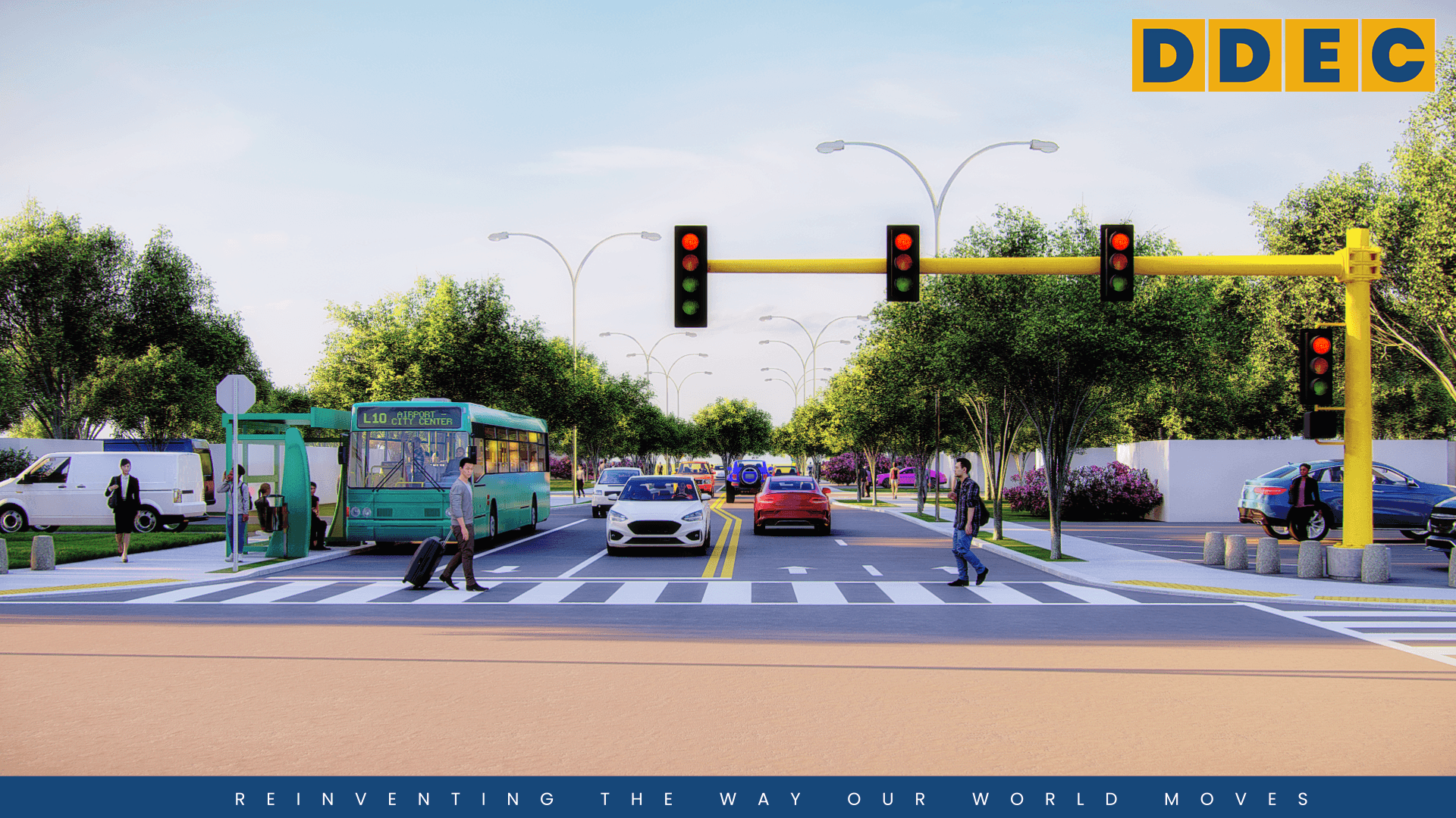 Rendering of a street level view of an intersection on Broadway Avenue, illustrating proposed improvements to the crosswalk and traffic lanes. Pedestrians are utilizing the crosswalk as vehicles wait at the traffic light. 