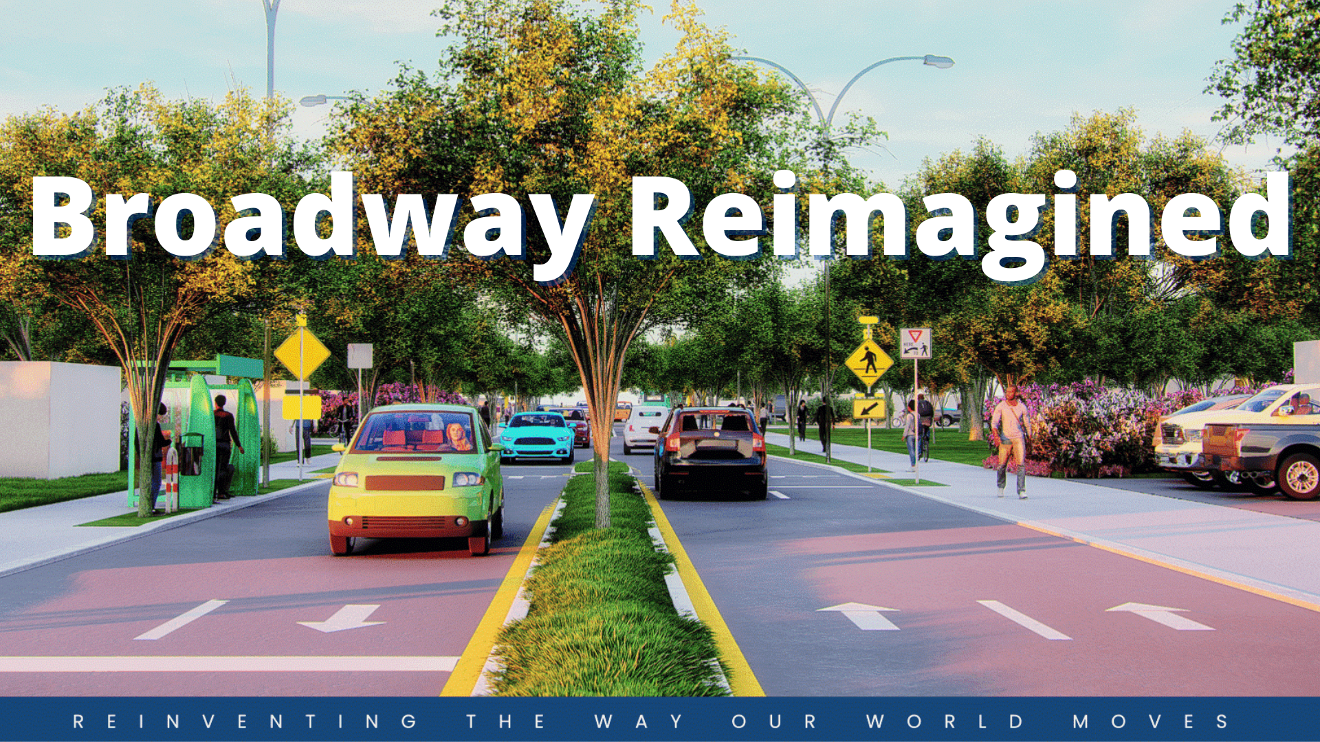 A rendering for the Broadway Avenue Improvement project, illustrating motorists on the roadway and pedestrians on the shared use path