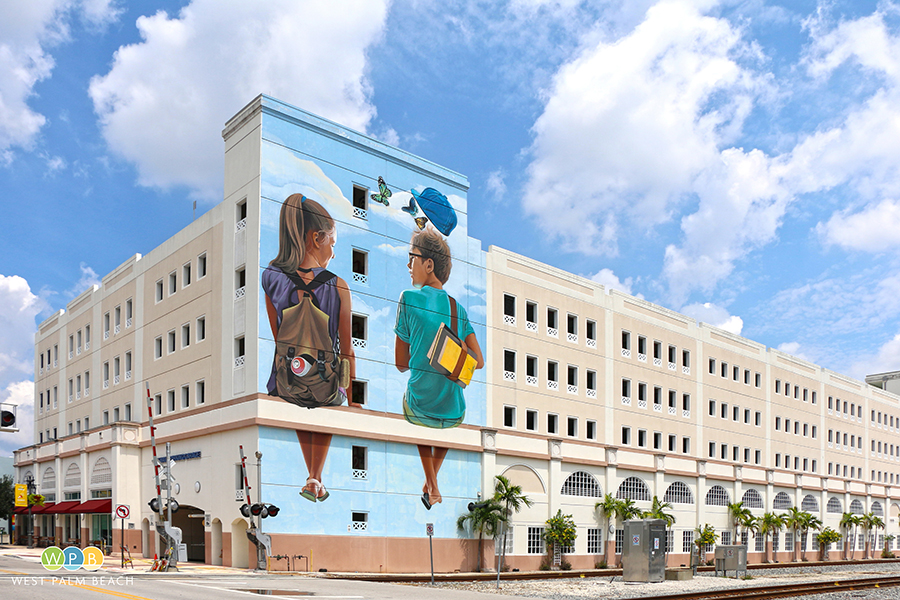 Clematis Parking Garage with four-story artwork of two students