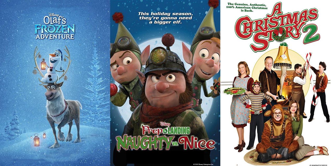 Movie posters for Olaf's Frozen Adventure; Prep & Landing: Naughty vs Nice; A Christmas Story 2