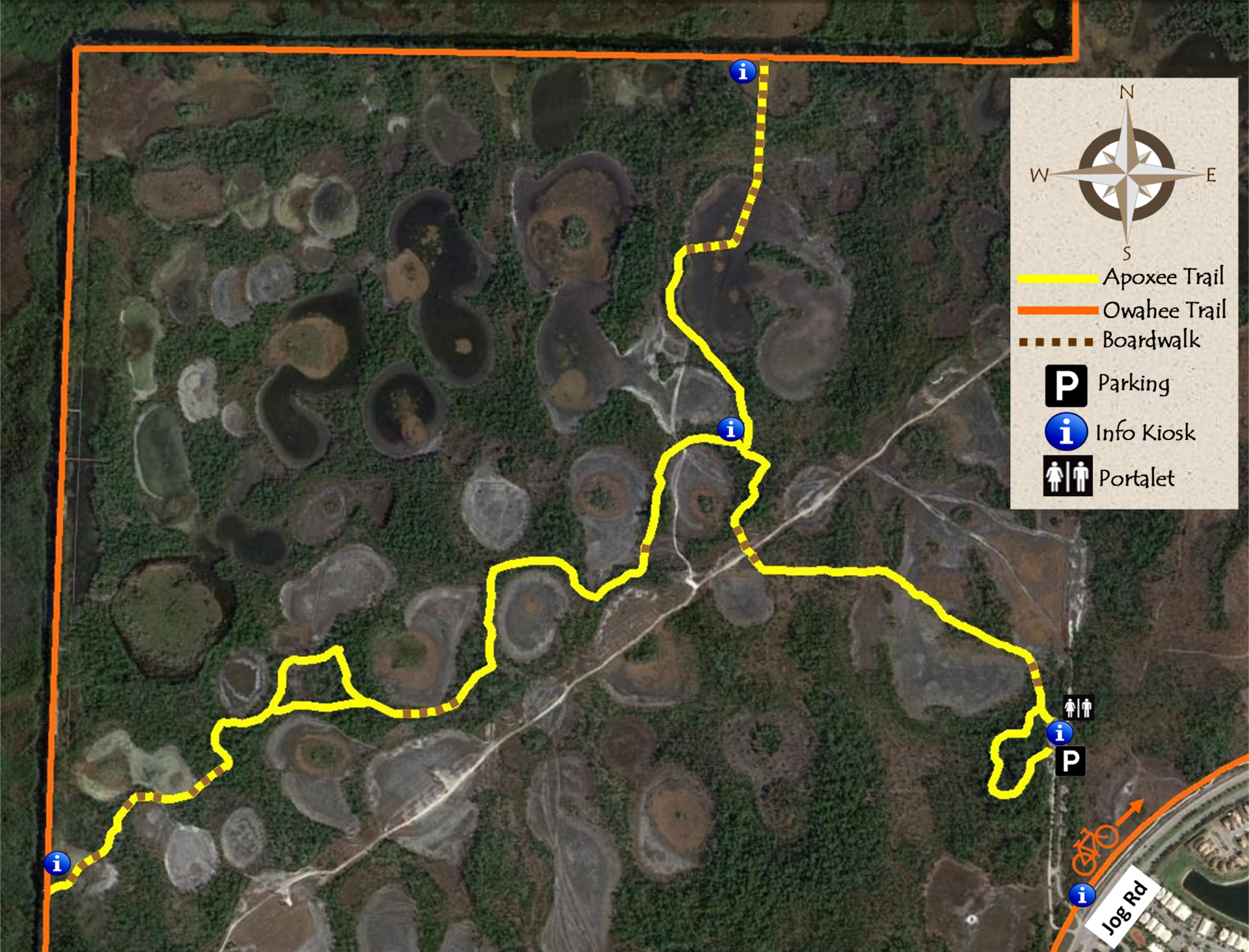 map of apoxee trail with a 1mi SE leg, 1mi SW leg, and 1mi N leg all intersecting at middle