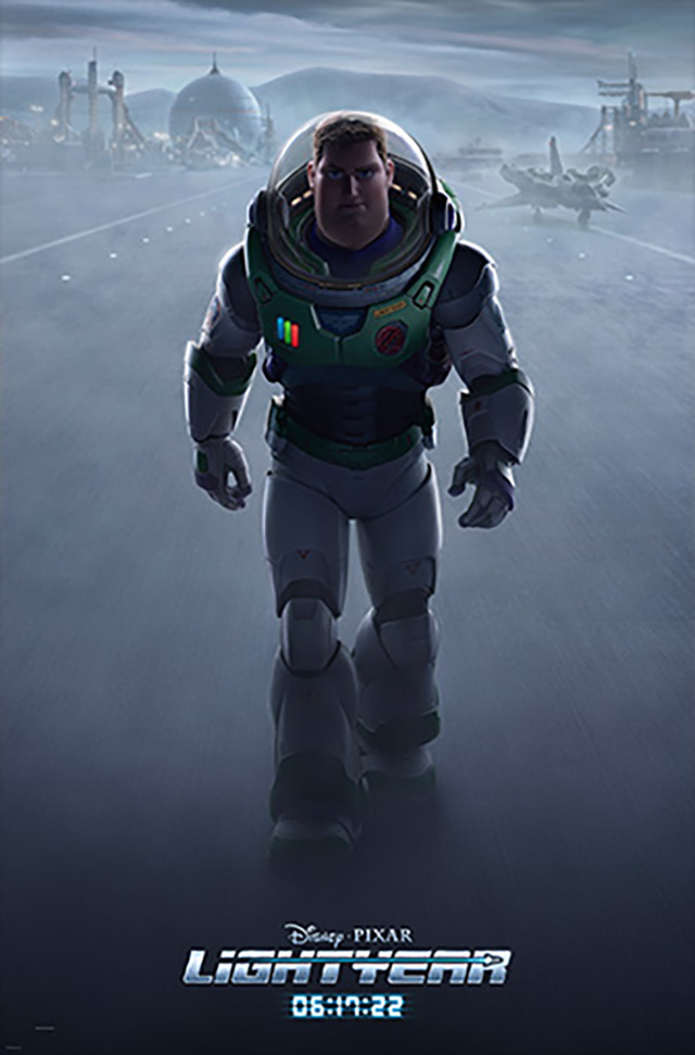 Picture of Buzz Lightyear walking forward, dramatically backlit, against a spaceport run way.