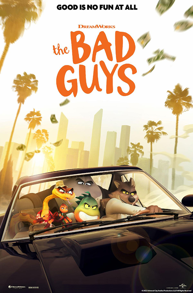 The 5 Main Characters (Mr. Wolf, Mr. Snake, Mr. Piranha, Mr. Shark, and Ms. Tarantula) in a fast-moving car, against a city scape.