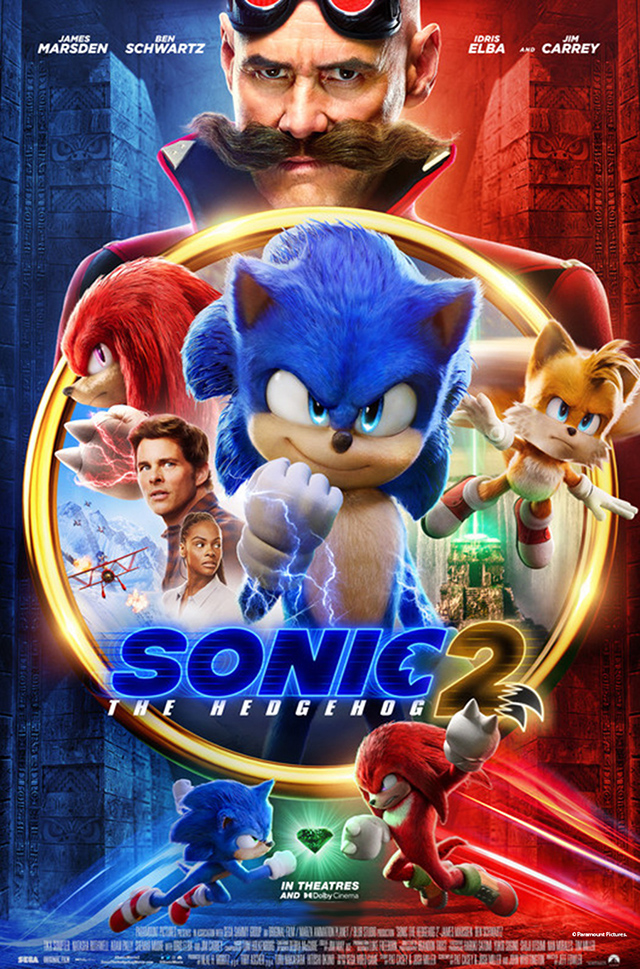 Sonic the Hedgehog wearing a fierce, determined expression, surrounded the the movie's cast of characters: evil Dr. Robotnik, Tails, Tom and Maddie Wachowski, Knuckles the Echidna, and his sidekick, Tails.