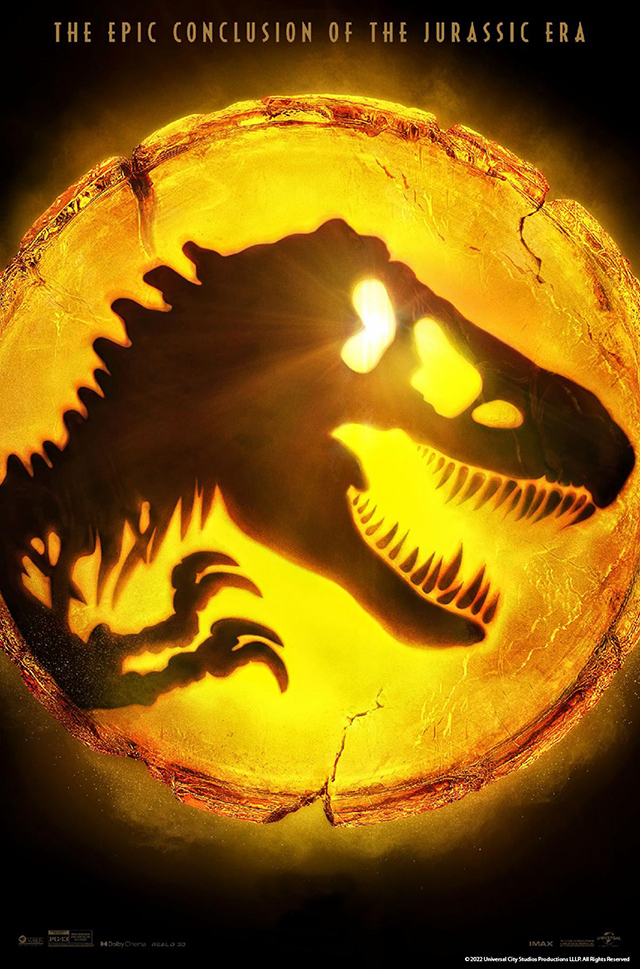 Silhouetted image of a Tyrannosaurus Rex skull, jaws gaping, arms upraised with claws extended, against a spherical background of glowing amber.