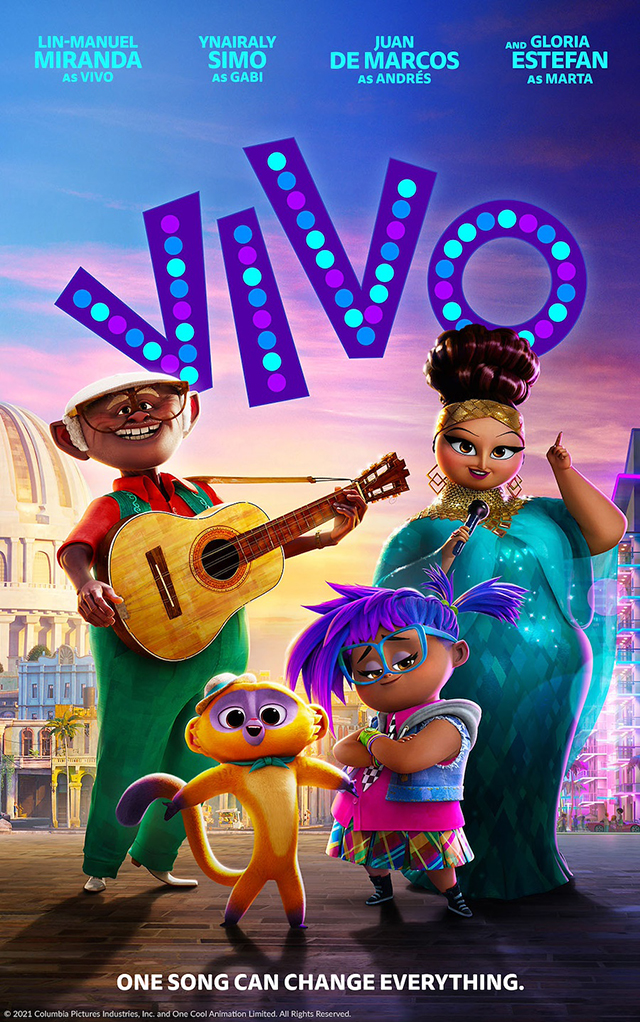 The 4 main characters of the film, Vivo, a kinkajou, Andres, his beloved owner, Gabi, Andres' grand-niece, and Marta, a famous singer, together against the mixed backgrounds of Havana, Cuba and Miami, Florida.