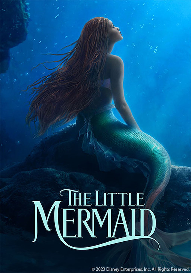 A young mermaid seated on a rock under the ocean, gazing wistfully toward the light spilling from the ocean's surface above.