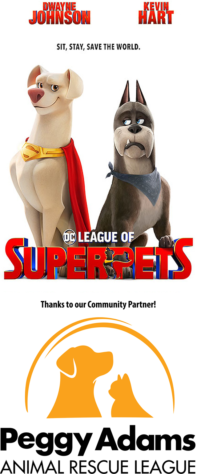 Two cartoon dogs, one in a super hero cape, the other wearing a nondescript bandana around the neck, looking ruefully at the first dog.  Thank you to our Community Partners, Peggy Adams Animal Rescue League